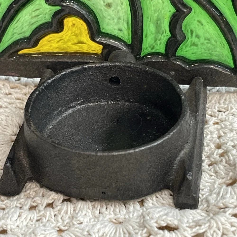 Vtg Stained Glass Cast Iron Tea Light Candle Holder Poinsettia Christmas Taiwan